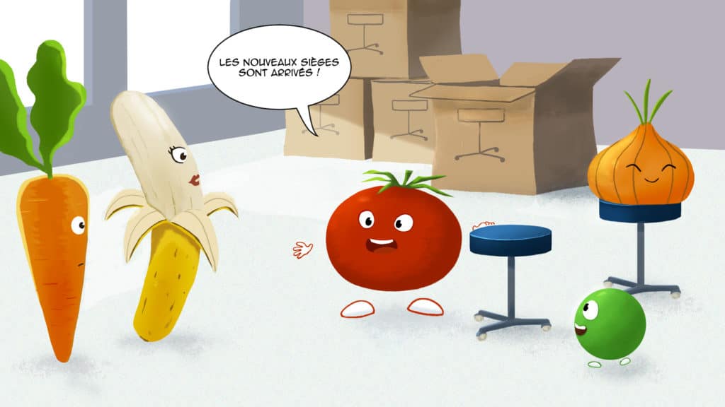 Bande dessinée : une tomate présente les nouveaux sièges à une banane et une carotte.